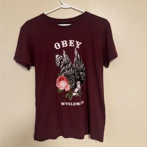 Obey Worldwide Burgundy Bird and Rose Tee Small